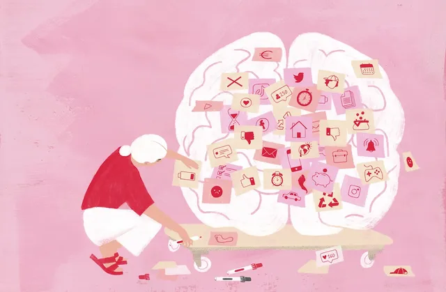 Druk, druk, druk. Waarom hebben we het altijd druk? En Waarom hebben we altijd het gevoel dat we tijd tekortkomen? Illustratie van vrouw die alles in haar fictieve hersenen stopt.