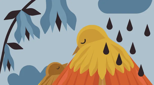 Illustratie van een vogel met kind in de regen, ze kijken bedroefd.