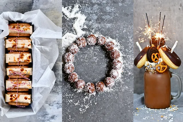 Zalig zoete kerstrecepten zoals een ijssandwich, feestelijke chocolademelk of sneeuwballen.